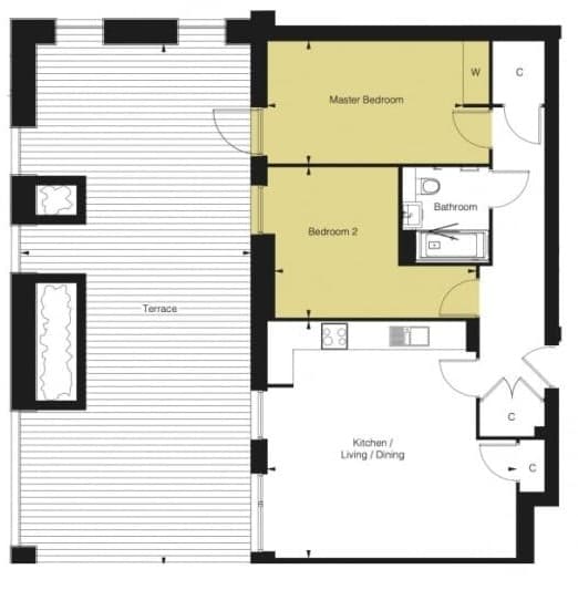 Floorplan of the two-bedroom apartment, showing the terrace along one side and the main bedroom, second bedroom, bathroom and open kitchen, living and dining space alongside it