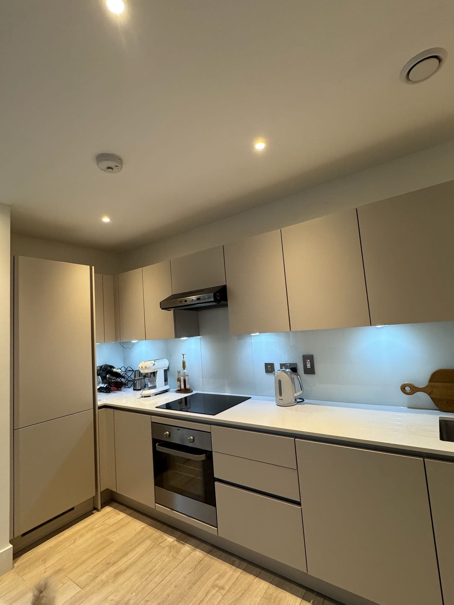 The kitchen with an integrated oven, induction hob and extractor beneath the wall units